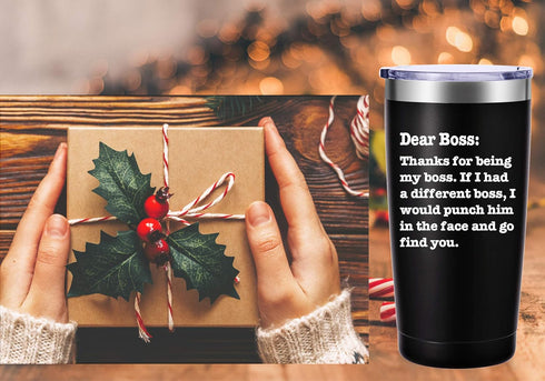 AMZUShome Thanks For Being My Boss Travel Mug - Boss Day Gifts, Office Gifts, 20oz Black Tumbler