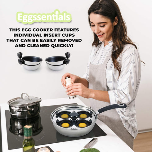 Egg Poacher - Eggssentials Poached Egg Maker, Stainless Steel Egg Poaching Pan, Poached Eggs Cooker Food Grade Safe