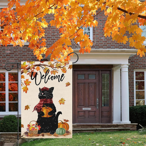 Welcome Fall Garden Flag 12 x 18 Inch, Double Sided Burlap Black Cat with Pumpkins, Autumn Maple Leaves Thanksgiving