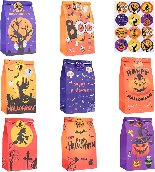 Halloween Treat Bags, 24pcs Paper Treat Bags with Stickers, Perfect for Party Favors and Halloween Gifts