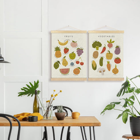 Set 2, 12x16 Inches BCUANGD Fruits Vegetables Wall Decor - Toddlers Kids Preschool Poster Hanger with Wood Frames