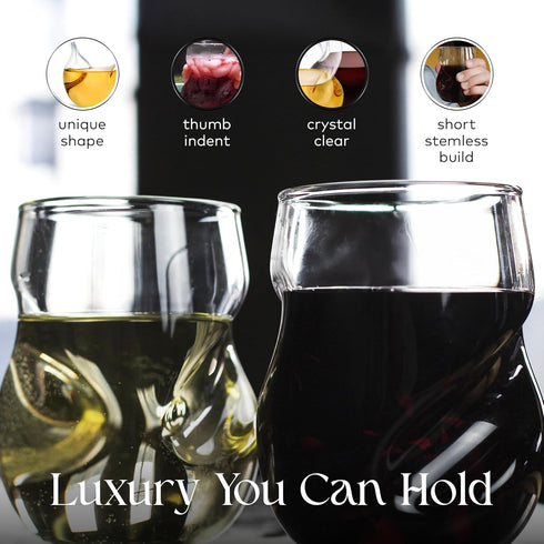 Dragon Glassware Stemless Wine Glasses - 16 oz Clear Short Wine Glasses Set of 2 with Finger Indentations