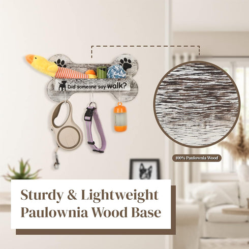 J JACKCUBE DESIGN Rustic White Bone Shape Wall Mounted Dog Leash Holder - 3 Key Holder Hooks and Extra Storage Box