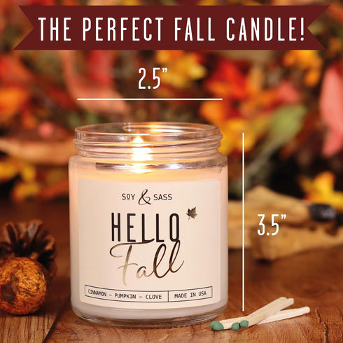 Fall Candles - 'Hello Fall' Candle with Cinnamon, Spice & Pumpkin, Essential Oils, 9oz Jar, 50Hr Burn