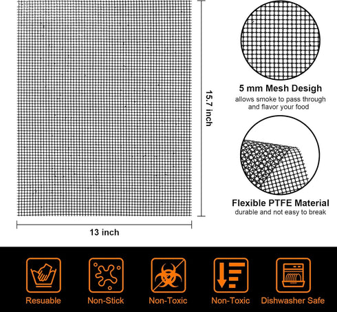 XL 15.75 x 13 inch Grill Mesh Mat Set - 5 Reusable Non-Stick BBQ Grill Mats for Vegetables, Fish, Black