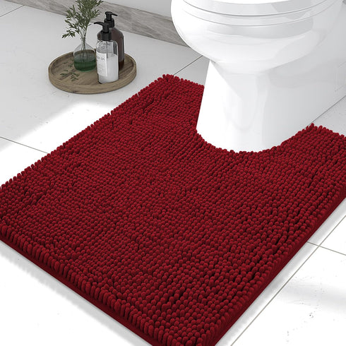 smiry Chenille U-Shaped Toilet Bathroom Rugs | Soft Absorbent Non-Slip Contoured Mats (24"x20", Burgundy)