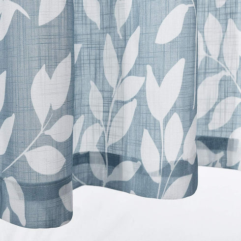 Treatmentex Blue Kitchen Tier Curtains, 24" Short White Leaf Print Café Curtains, 2 Panels
