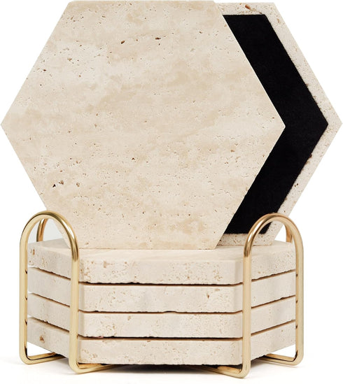 YONGHEE Travertine Coasters Set of 6 with Holder, Hexagonal Rustic Farmhouse Beige Marble