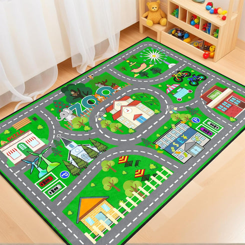 5x7 Car Rug Play Mat Feet - Green Road Rug for Kids Boys Room, Fun Race Track Traffic Road Carpet for Boys Playmat