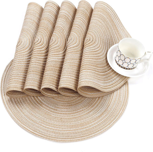 SHACOS 15 Inch Round Braided Placemats, Set of 6, Non-Slip Heat Resistant, Beige