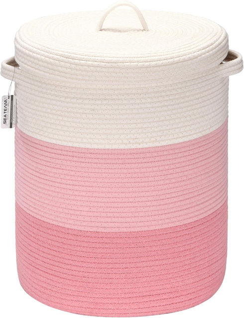 Sea Team Large Cotton Rope Woven Storage Basket with Lid, 16 x 20 inches, White & Pink, Clothes Toys Organizer
