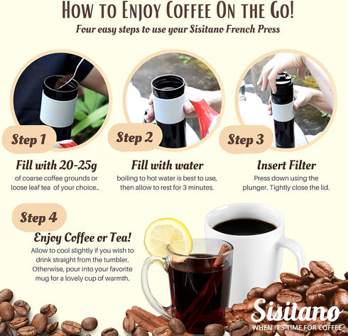 2in1 Travel French Press Coffee Maker, Portable 11.8 oz Tumbler for Ground Coffee & Tea Leaves, Iced Coffee Mug