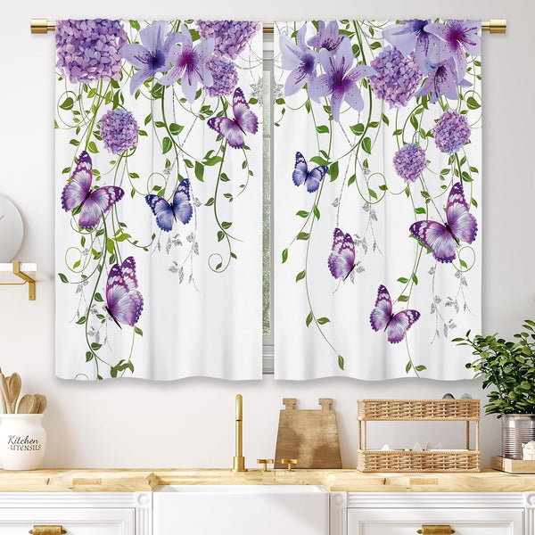 Purple Floral Butterfly Kitchen Curtains, Rustic Flower Small Short Cafe Window Drapes, 27.5x39 Inch