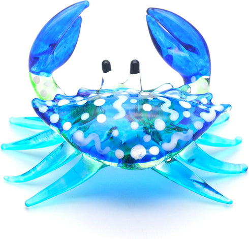 2" WitnyStore Tiny Long Blue White Dots Crab Figurine - Miniature Hand Blown Painted Glass Crabs Crustacean Colorful