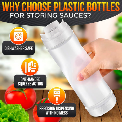 Set 6 16 oz of Inverted Condiment Squeeze Bottles Upgraded Design with Added Sealing Gaskets, Self-Closing Valve