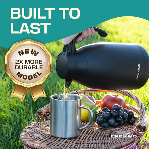 Thermal Coffee Carafe, 68 Oz - Black Stainless Steel, Durable & Easy to Pour, Keeps Drinks Hot for 12 Hours & Chilled