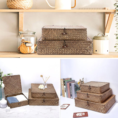 Hipiwe Flat Wicker Basket Bins with Lid - Set of 3 Handwoven Seagrass Storage Baskets, Multipurpose Home Organizer Bins