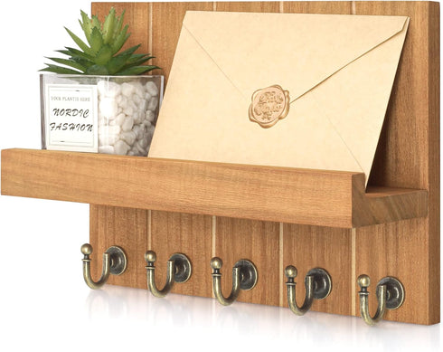Rebee Vision Farmhouse Key Holder for Wall, Decorative Shelf with Key Hooks and Mail Organizer