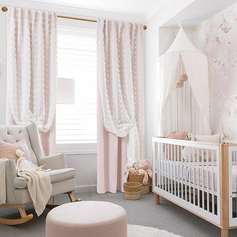 2 Lino Rosa Pink Blackout Curtains for Bedroom Nursery Panels,Sheer White Overlay Pom Pom Floral Ruffle Cute Coquette