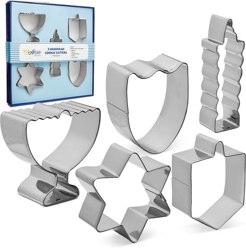 Hanukkah Fun Stainless Steel Cookie Cutters Set of 5 - Chanukah Story Shapes: Menorah, Dreidel, Candle, Maccabee