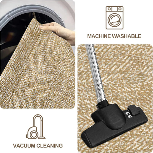 LEEVAN Washable Bathroom Rug - 2'x3' Low Profile Entryway Mat, Tan Cotton Reversible Kitchen Rug for Farmhouse Decor