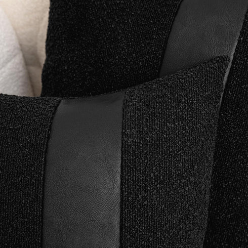 Pack 2 18 18 Inch of Black Boucle Decorative Pillow Cover with Faux Leather Modern Accent Pillow Case x Textured Stripe