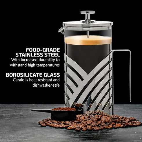 Ovente 34 Ounce French Press Coffee & Tea Maker, 4 Level Stainless Steel Filter System & Heat Resistant Borosilicate Glass, Portable Pitcher for Travel Gift Easy Clean Carafe w/Scoop, Silver FSD34P by OVENTE