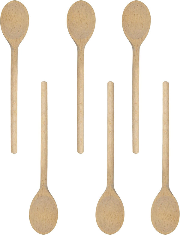 10 Inch Long Wooden Spoon Set by BICB, Natural Beechwood Mixing Spoons, Set of 6 for Cooking