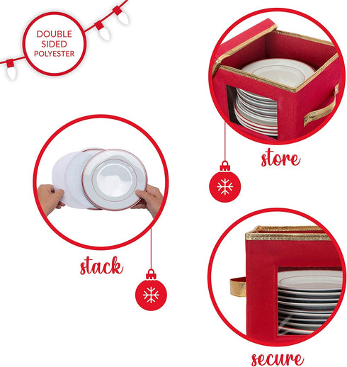 Simplify Holiday Salad Plate Dinnerware Storage Box, 9.45 Inch, Christmas China with 12 Felt Dividers for Tableware