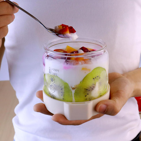 Matifaner 16 oz Round Breakfast Glass Cup with Silicone Seal Cover and Spoon, Glass Dessert Cup with Lid for Breakfast