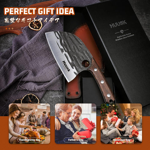 Huusk Japan Knives - Upgraded Serbian Chef Knife, Japanese Meat Cleaver for Home and Outdoor Cooking, Full Tang with