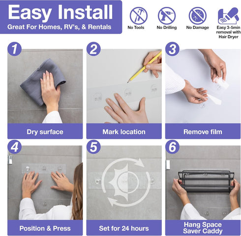 KINCMAX 4 Premium Shower Caddy - Self Adhesive Shower Shelf with Hooks - No Drill Large Capacity Stainless Steel Rack