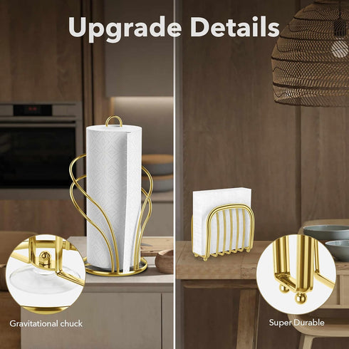 Stainless Steel Paper Towel Holder - Countertop Roll Holder and Napkin Holder Set, Standing with Weighted Base, Gold