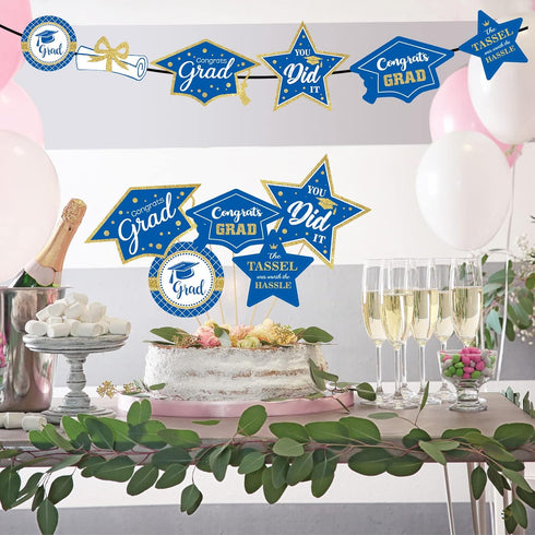 Blue and Gold Graduation Decorations Set of 24 - Class of 2025 Table Decor, Congrats Grad Party Supplies