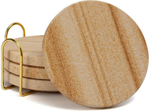 YONGHEE Sandstone Coasters Set of 4 with Holder, Elegant Modern Round Marble Drink