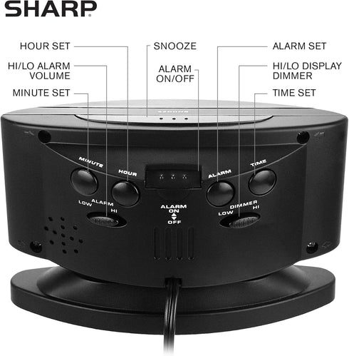 Sharp Home LED Digital Alarm Clock - Midnight Black with Red LED, Big Green Digit Display, Swivel Base, Outlet Powered