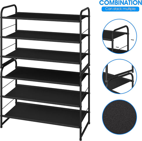 3 Simple Trending Tier Stackable Shoe Rack, Expandable Adjustable Fabric Shoe Shelf Storage Organizer, Black