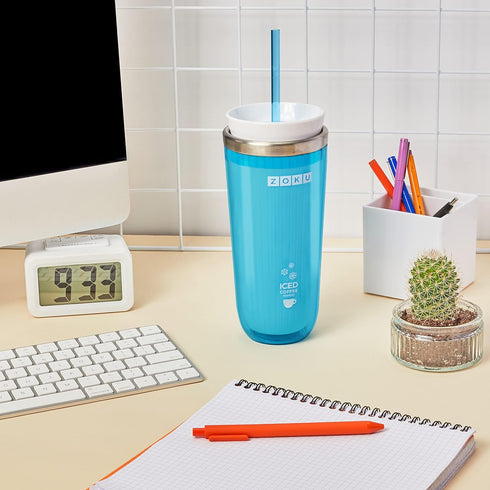 Zoku Instant Iced Coffee Maker, 11-ounce Portable Tumbler with Spill-resistant Lid and Straw, Teal