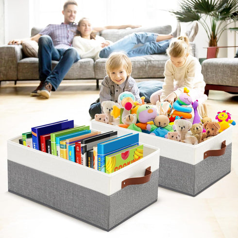 Closet Organizer Bins 3 Pack, Large Storage Bins for Shelves, Foldable with Leather Handles, Grey