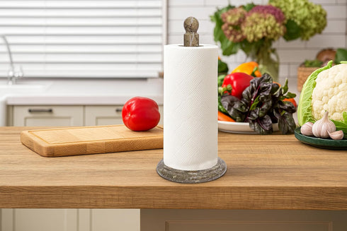 TheWolfard Countertop Handmade Fossil Grey Marble Paper Towel Holder Natural Stone Stand with Subtle Fossil Patterns