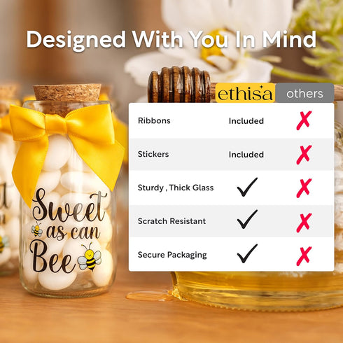 12 Pack Ethisa Vintage Bee Party Favor Glass Bottles with Ribbons and Stickers - Classy Baby Shower and Birthday