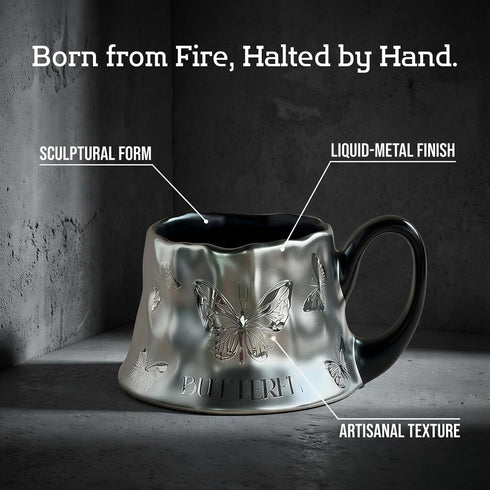 YDDistinct Set (8 oz) Volcanic Ash Titanium Finish Coffee Mug and Saucer | Modern Sculptural Ceramic Cup for Espresso