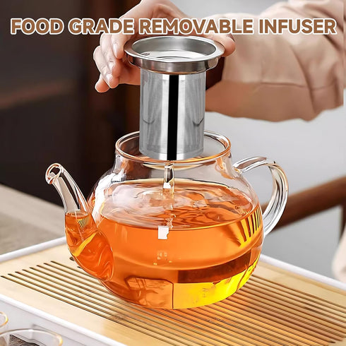 Long-Mouth Glass Teapot, 34oz/1000ml with Removable Loose Tea Infuser, Microwave & Dishwasher Safe