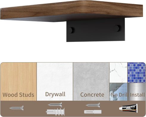16 inch Danpoo Solid Walnut Floating Shelf - Large, Heavy Duty Wall Shelf for Kitchen, Living Room, Bathroom, Built