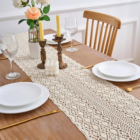 60 Inch Gemseek Boho Crochet Lace Table Runner, Bohemian Vintage Beige Cotton Table Runner for Kitchen Dining Coffee