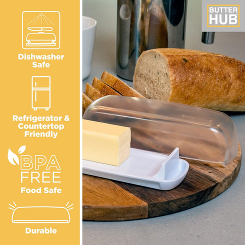 Clear Butter Dish with Lid, Easy Scoop Butter Keeper for Countertop, No Mess Lid, Dishwasher Safe