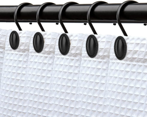Shower Curtain Hooks, Set of 12, Black, Decorative, Zinc, Rust Resistant, Regular Size for Standard Shower Poles