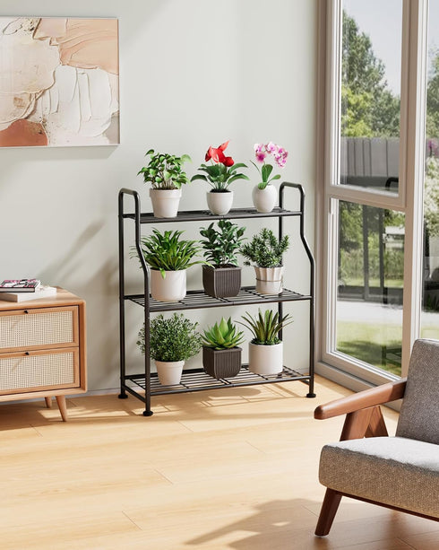 3-Tier 27" 11.4" 29.3") Kitsure Plant Stand Indoor & Outdoor - Metal Plant Shelf with Adjustable Leveling Feet, Easy