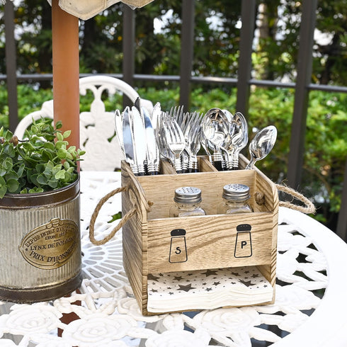 Ikee Design 2 Piece Wooden Utensil Caddy Set - Includes Free Salt Pepper Shaker, Oak Color Silverware Holder for Kitchen