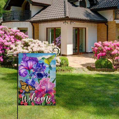 Welcome Spring Hummingbird Iris Garden Flag, Double Sided Purple Flower Bird Yellow Butterfly Outdoor Decor, 12x18